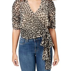 Buffalo by David Bitton Leopard Animal Print Wrap Blouse Surplice V-Neck Top, M